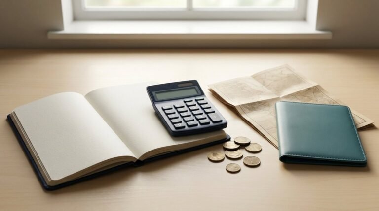 AI illustration of a notebook, calculator, coins and teal travel wallet on a desk.