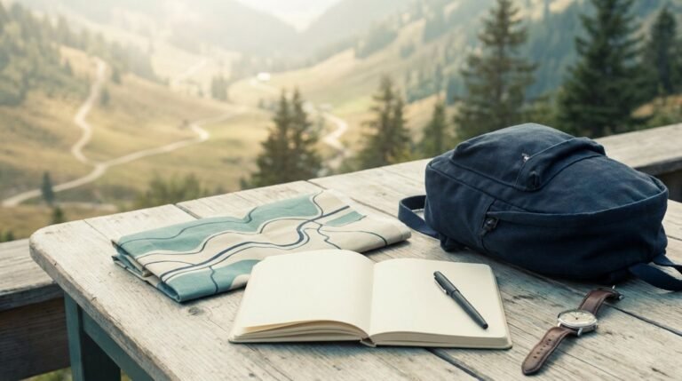 AI illustration of a blank notebook, folded map and navy daypack overlooking mountains.