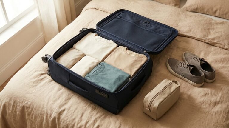 AI illustration of a navy suitcase with neatly folded clothes and walking shoes.