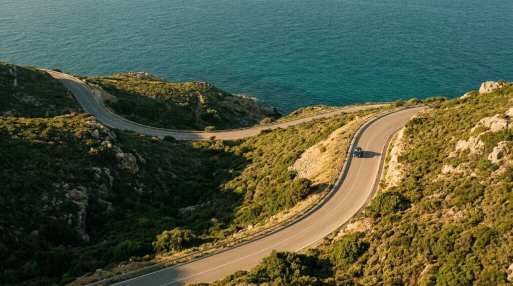 AI illustration of a winding coastal road beside a teal sea.