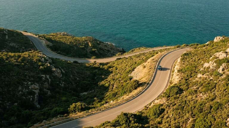 AI illustration of a winding coastal road beside a teal sea.