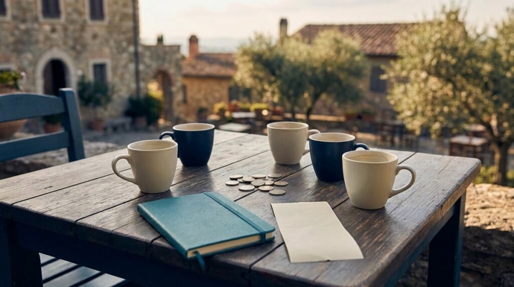 AI illustration of coffee cups, coins and a teal notebook on a cafe table.